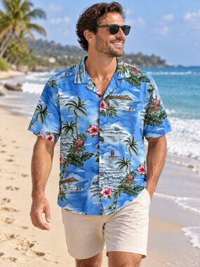 Mens Hawaiian Print Dress Shirt - LARGE